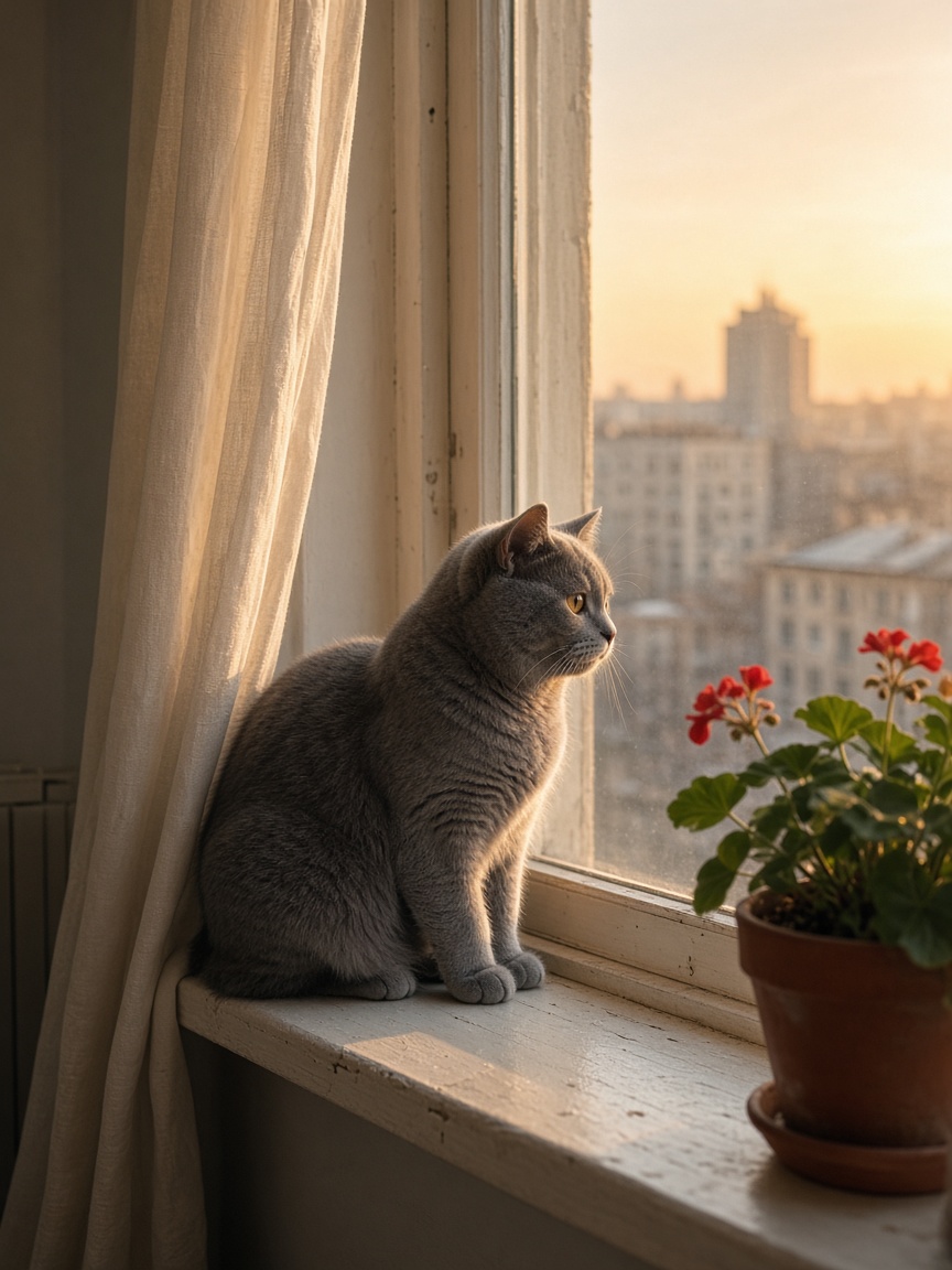 Кот на подоконнике в золотом свете